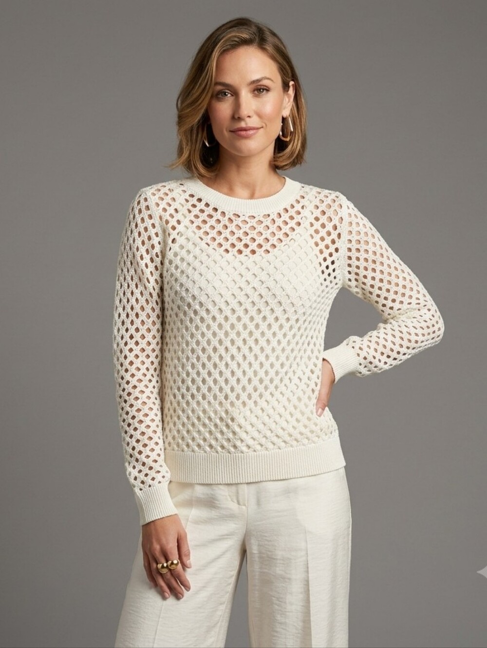 Trina Turk Women's Size Small White Crochet Open Knit Cotton Modal Sweater